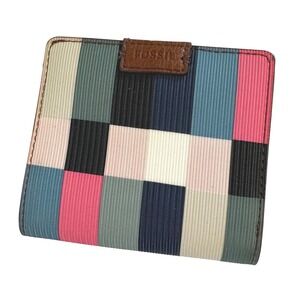 Fossil Bifold Wallet Multicolor Patchwork Textured Compact Snap ID Window Brown